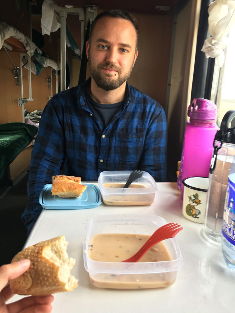 Delicious mushroom soup and dried up bread