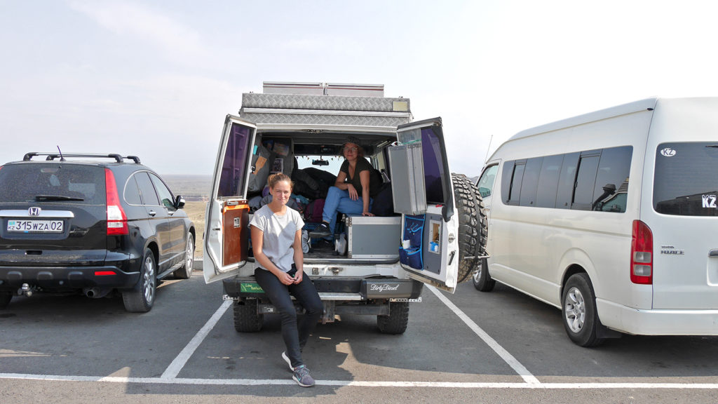 Lena and Johanna posing with the landcruiser