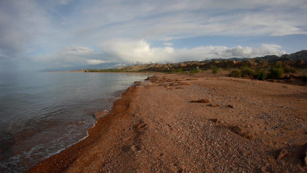 An empty beach by the Lake Issyk-Kul