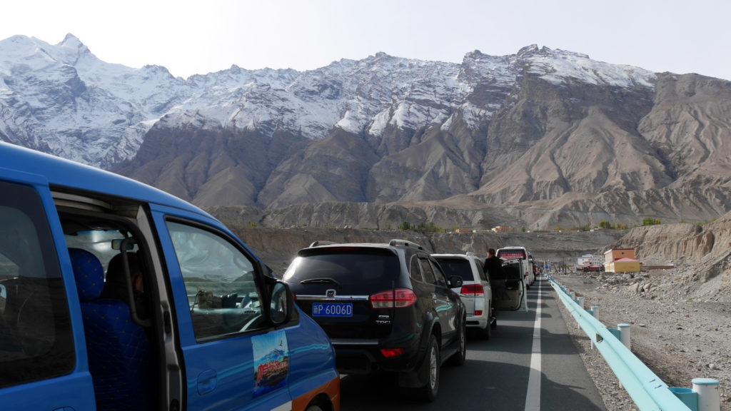 Cars waiting to get to the checkpoint