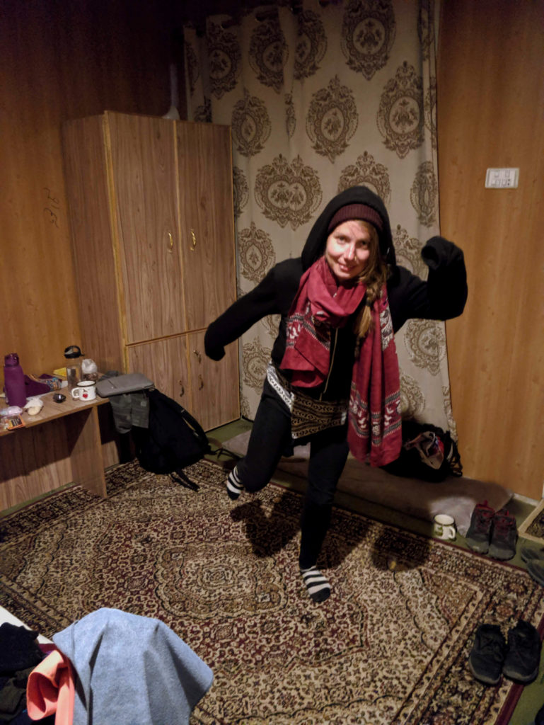Johanna doing some weird looking exercise to keep herself warm
