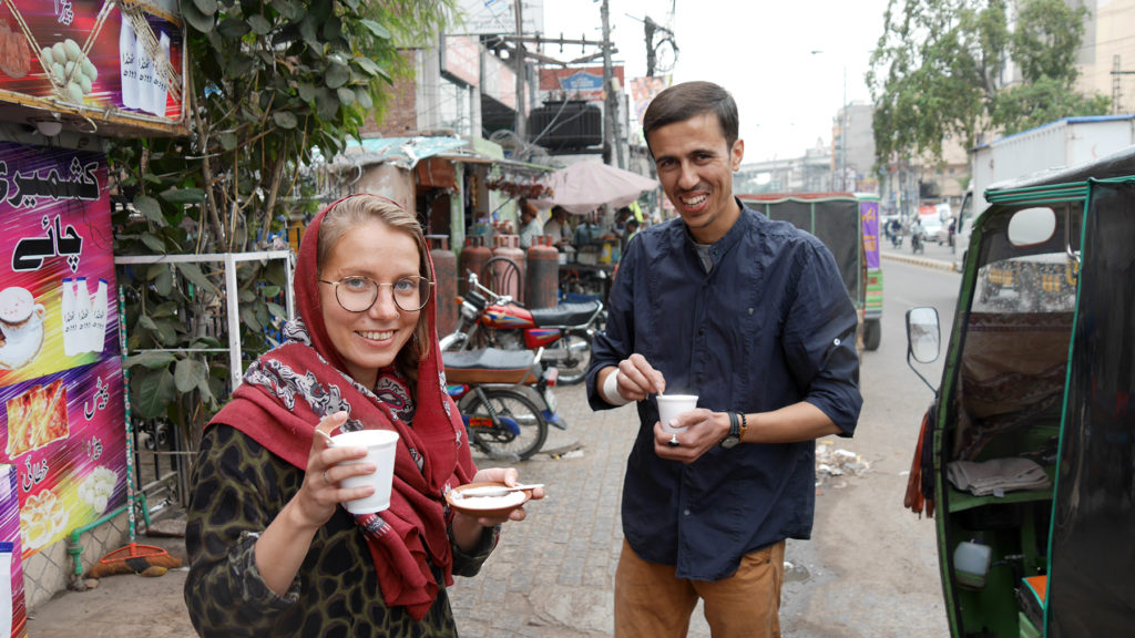 Enjoying Kashmiri Chai and Phirni (sweet pudding) 