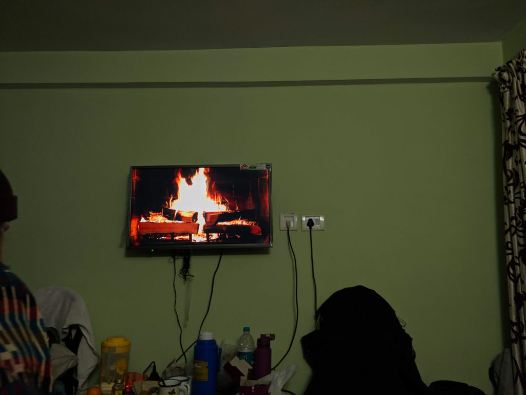 We put this fireplace video on to get some cozy feeling and placebo heating for our room