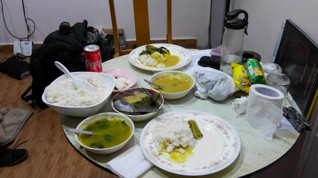 Our first and last Mizo meal (and our messy room)