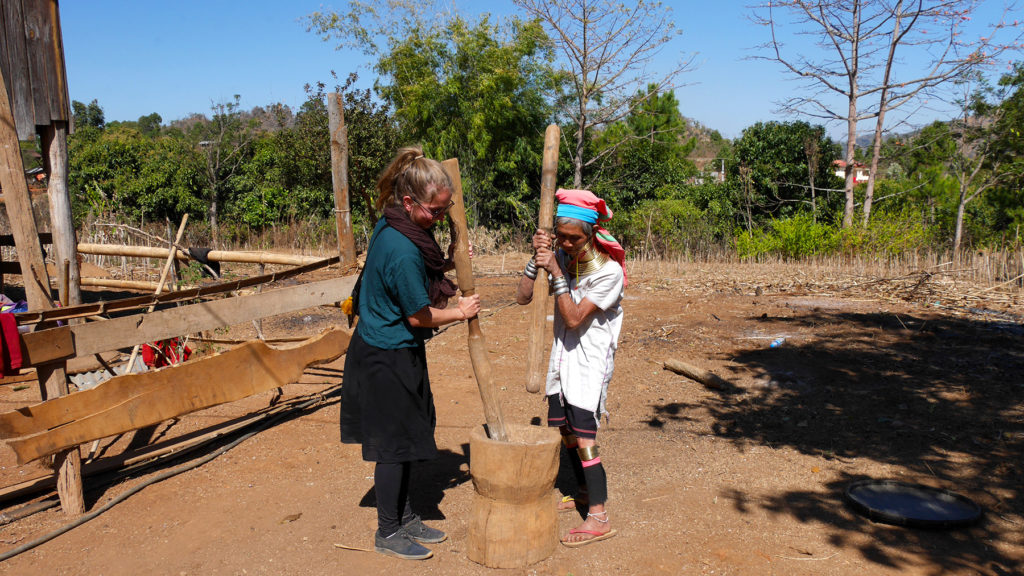 Rice is eaten daily in the Pan Pet villages. Peeling the rice is hard work