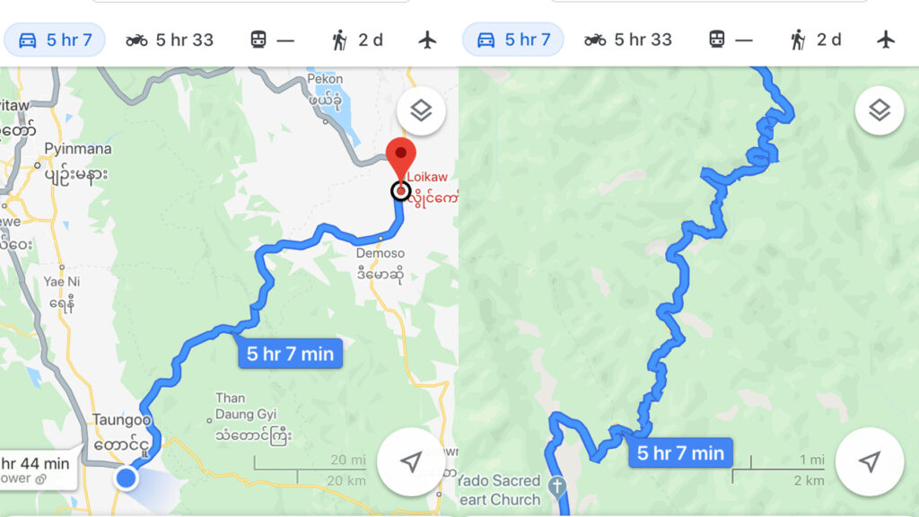 The total route from Loikaw to Taungoo and a close up of some of the curves