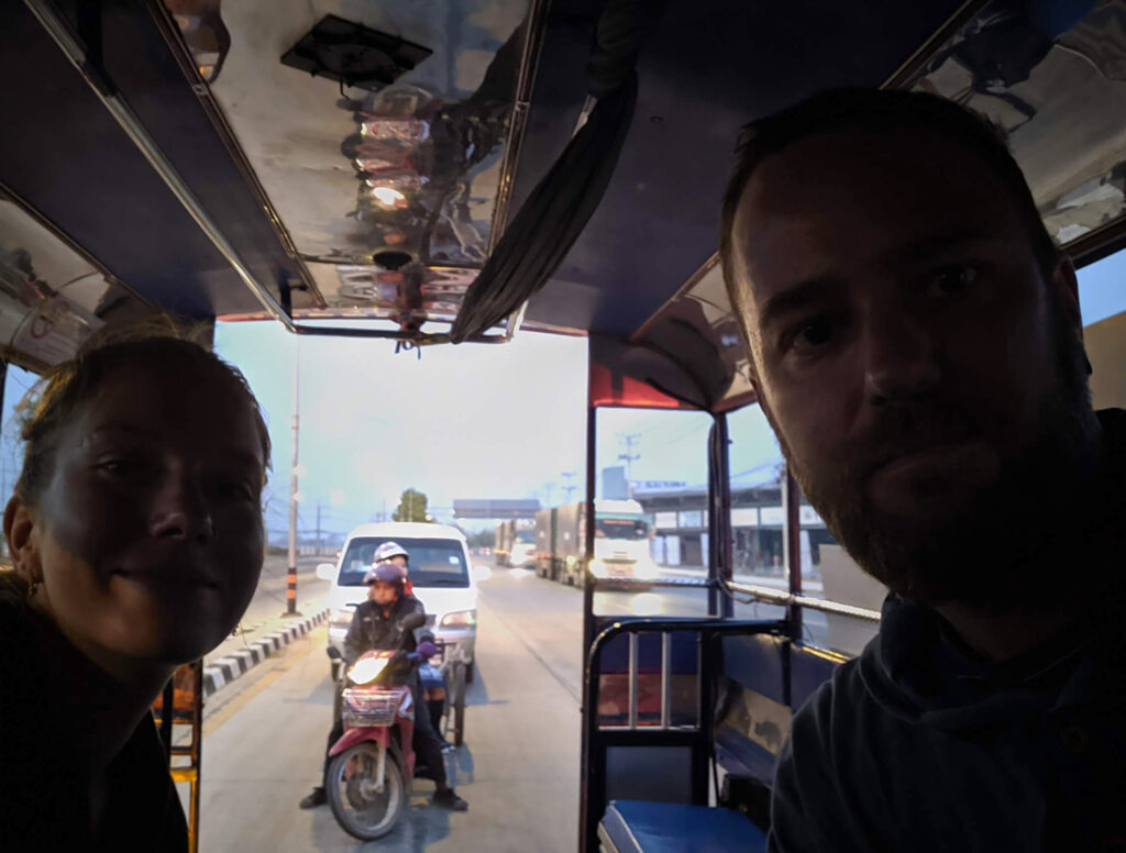 Our private songthaew ride to Mae Sot bus station at dawn